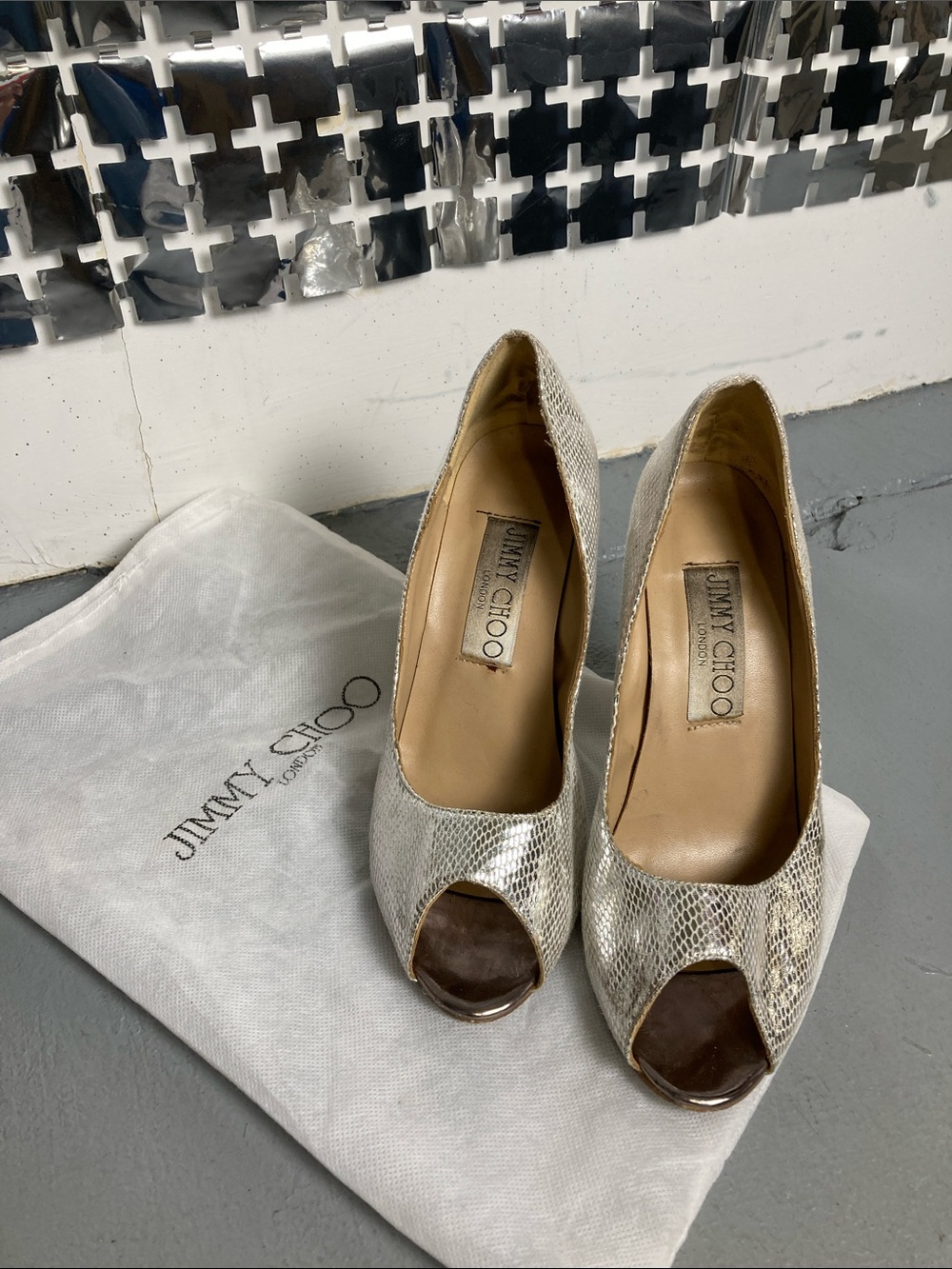 Jimmy Choo Silver Snakeskin Peep-Toe Pumps with Metallic Shine